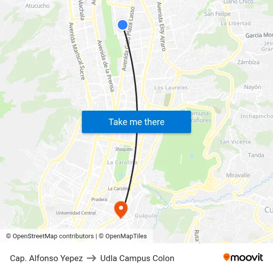 Cap. Alfonso Yepez to Udla Campus Colon map