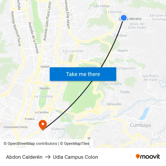 Abdon Calderën to Udla Campus Colon map