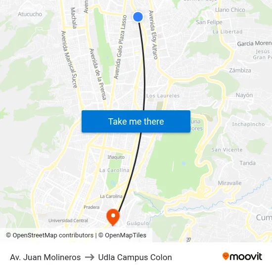 Av. Juan Molineros to Udla Campus Colon map