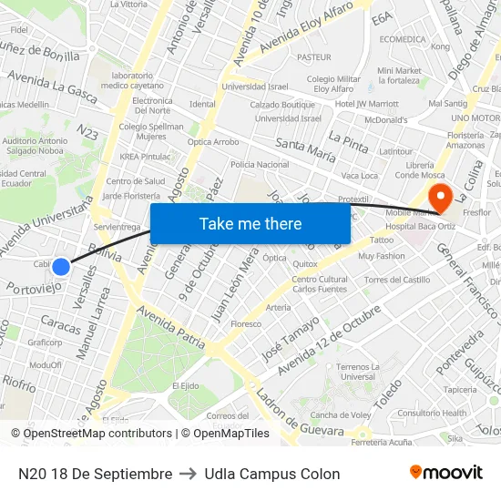 N20   18 De Septiembre to Udla Campus Colon map