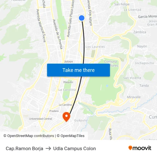 Cap.Ramon Borja to Udla Campus Colon map