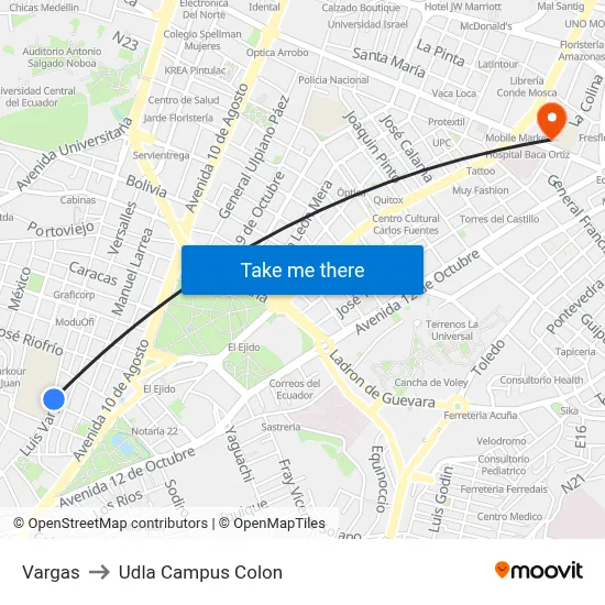 Vargas to Udla Campus Colon map