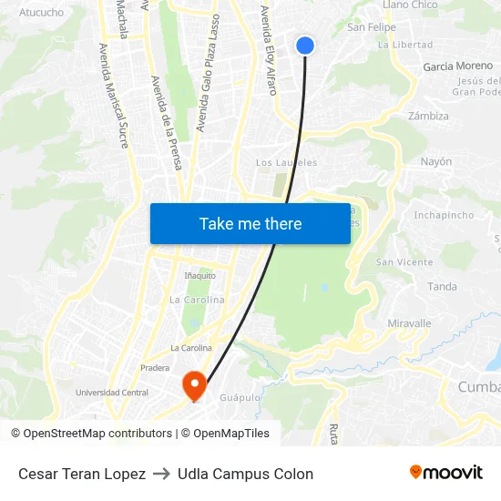 Cesar Teran Lopez to Udla Campus Colon map