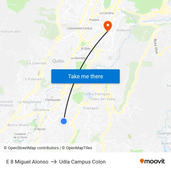 E 8 Miguel Alonso to Udla Campus Colon map