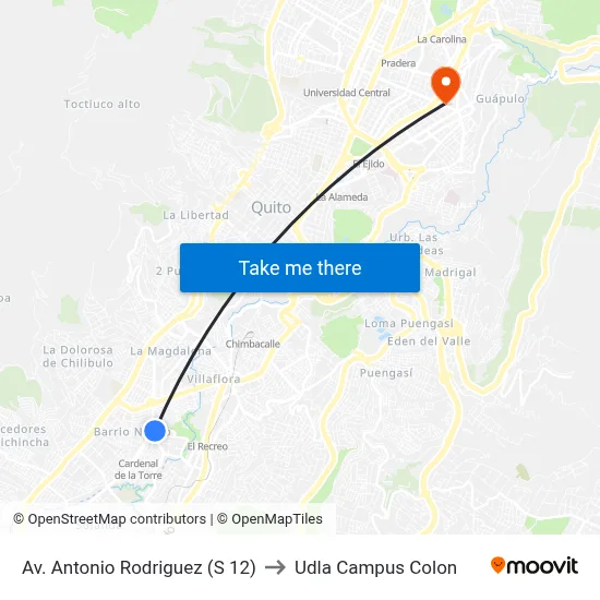 Av. Antonio Rodriguez  (S  12) to Udla Campus Colon map