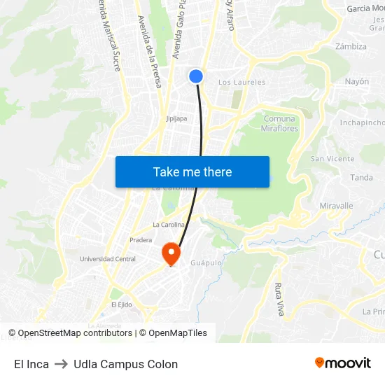 El Inca to Udla Campus Colon map