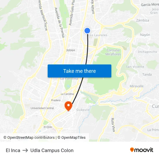 El Inca to Udla Campus Colon map