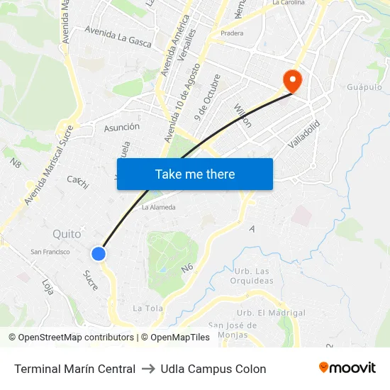 Terminal Marín Central to Udla Campus Colon map