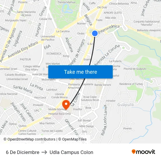 6 De Diciembre to Udla Campus Colon map