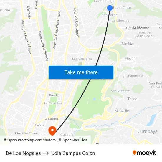 De Los Nogales to Udla Campus Colon map