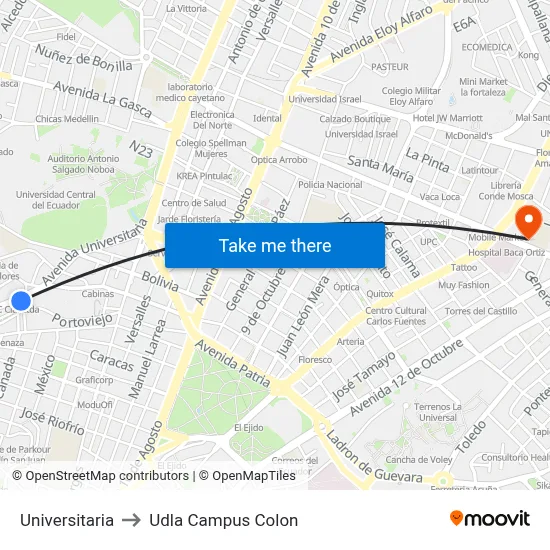 Universitaria to Udla Campus Colon map