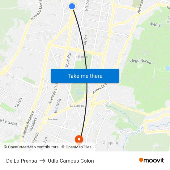 De La Prensa to Udla Campus Colon map