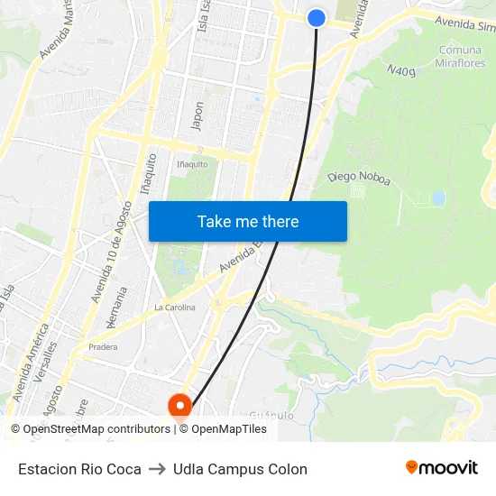 Estacion Rio Coca to Udla Campus Colon map