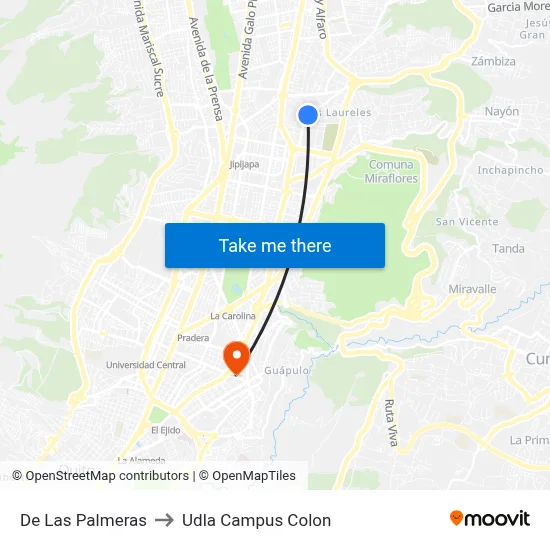 De Las Palmeras to Udla Campus Colon map