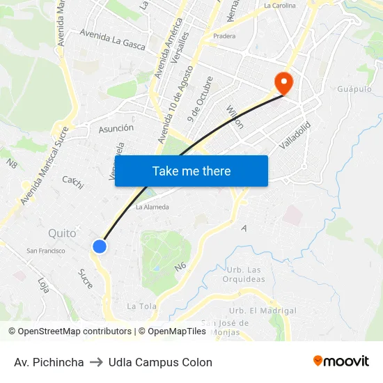 Av. Pichincha to Udla Campus Colon map