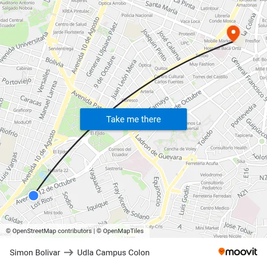 Simon Bolivar to Udla Campus Colon map