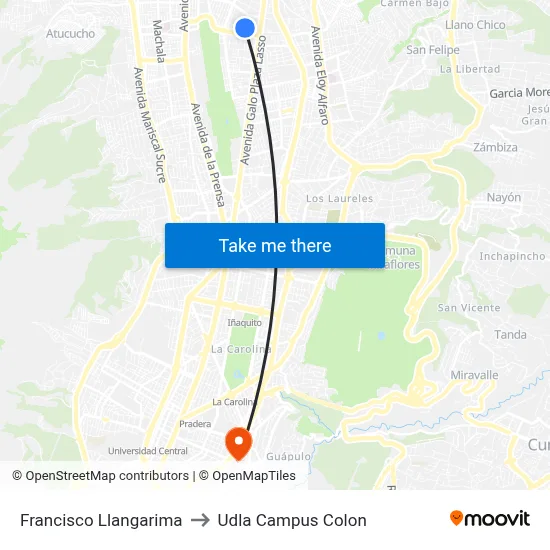 Francisco Llangarima to Udla Campus Colon map