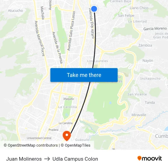 Juan Molineros to Udla Campus Colon map