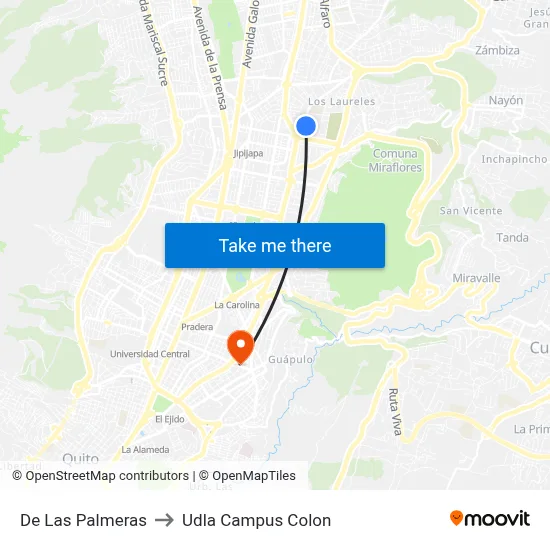 De Las Palmeras to Udla Campus Colon map