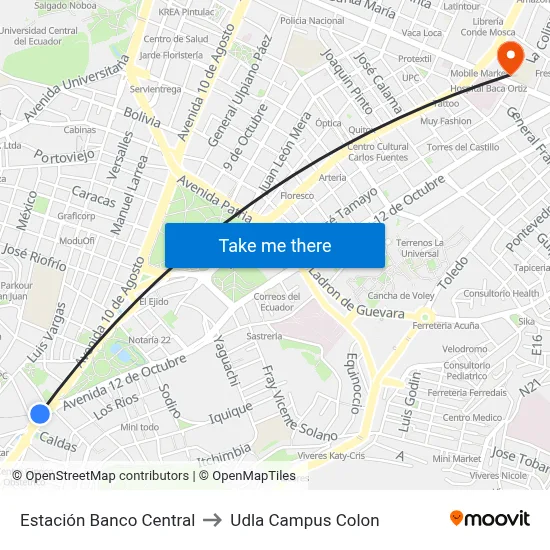 Estación Banco Central to Udla Campus Colon map