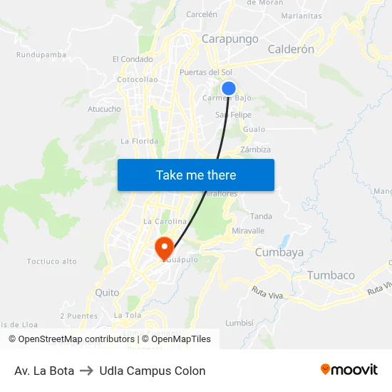 Av. La Bota to Udla Campus Colon map
