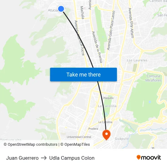 Juan Guerrero to Udla Campus Colon map