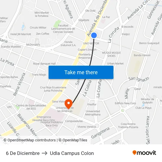 6 De Diciembre to Udla Campus Colon map