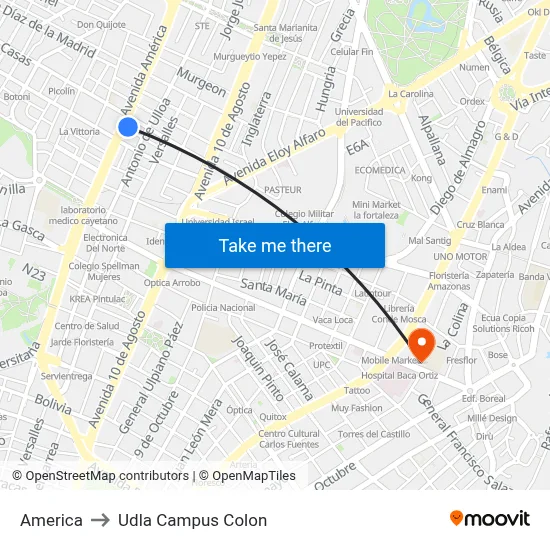 America to Udla Campus Colon map