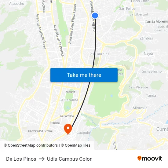De Los Pinos to Udla Campus Colon map