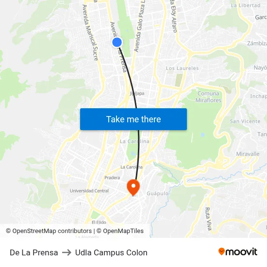 De La Prensa to Udla Campus Colon map