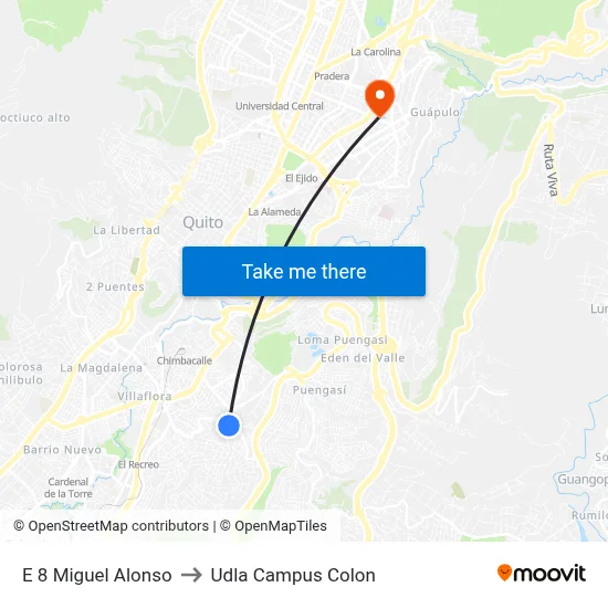 E 8 Miguel Alonso to Udla Campus Colon map