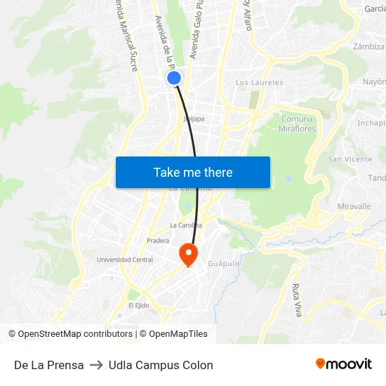De La Prensa to Udla Campus Colon map