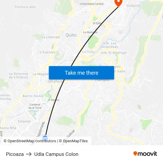 Picoaza to Udla Campus Colon map