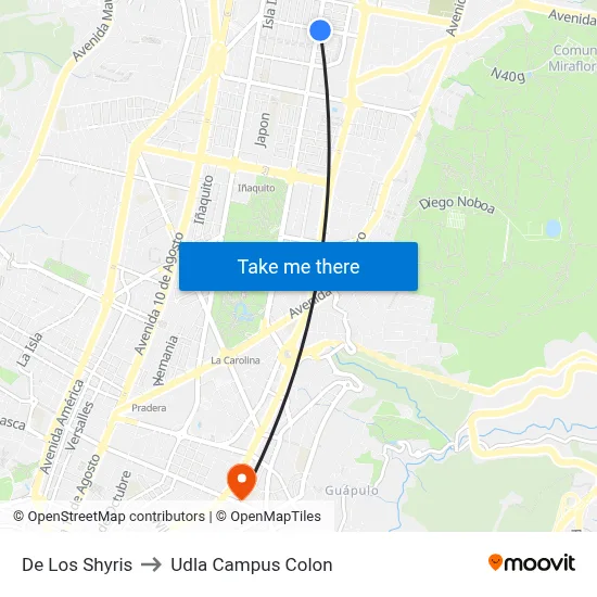 De Los Shyris to Udla Campus Colon map