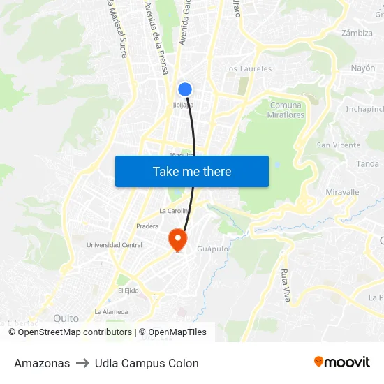 Amazonas to Udla Campus Colon map