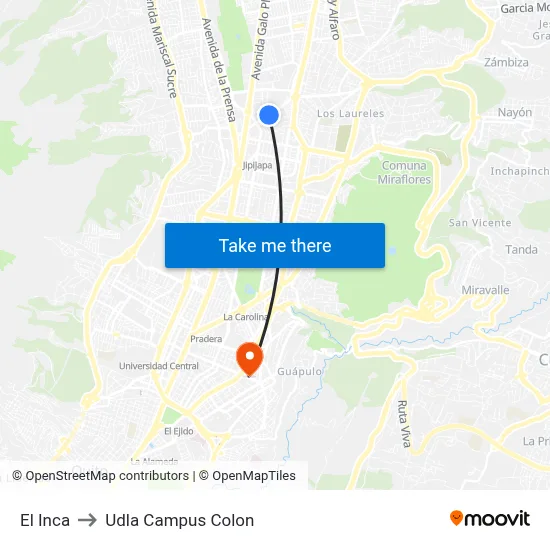 El Inca to Udla Campus Colon map