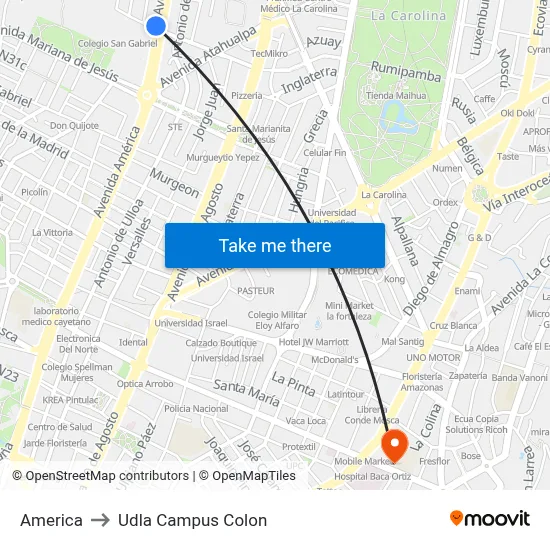 America to Udla Campus Colon map