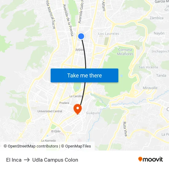 El Inca to Udla Campus Colon map