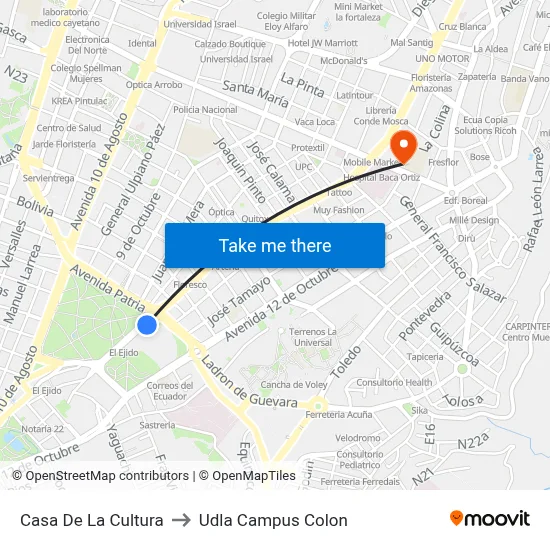 Casa De La Cultura to Udla Campus Colon map
