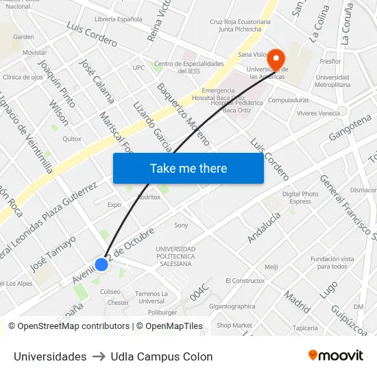 Universidades to Udla Campus Colon map