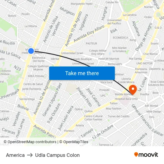 America to Udla Campus Colon map