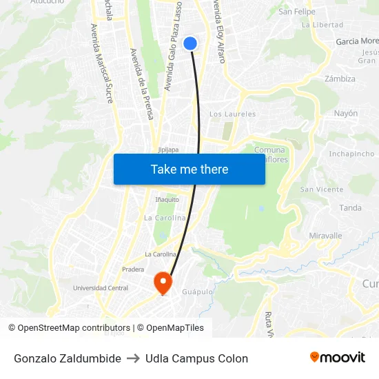 Gonzalo Zaldumbide to Udla Campus Colon map