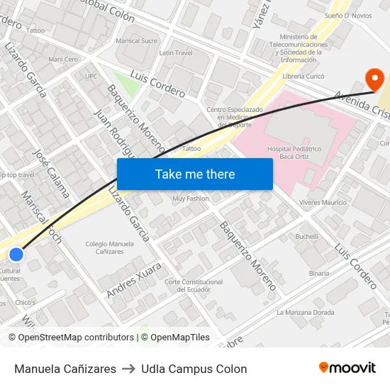 Manuela Cañizares to Udla Campus Colon map