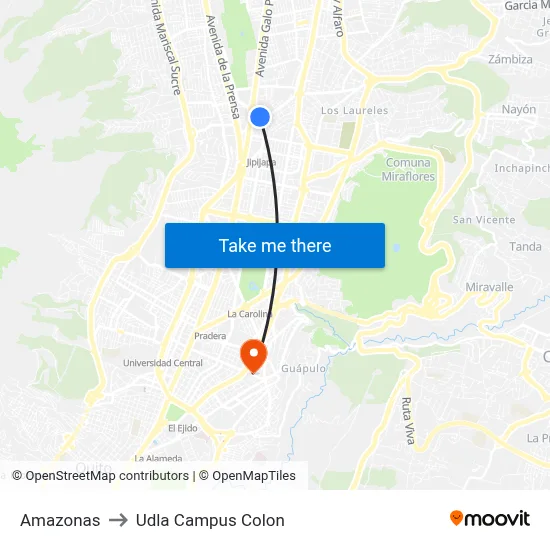 Amazonas to Udla Campus Colon map