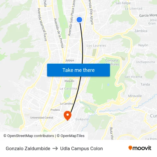 Gonzalo Zaldumbide to Udla Campus Colon map