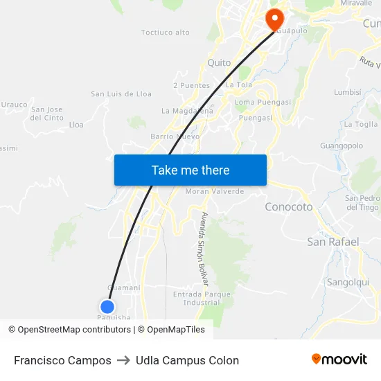Francisco Campos to Udla Campus Colon map