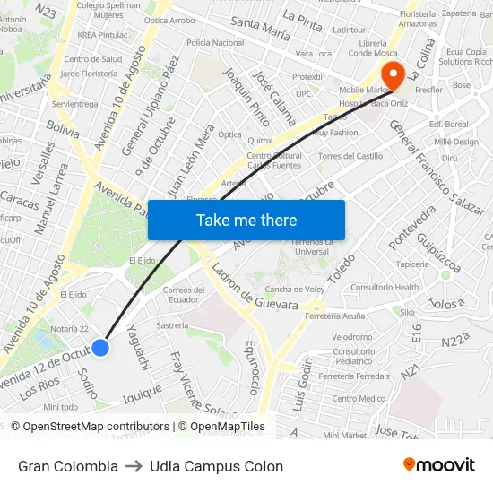 Gran Colombia to Udla Campus Colon map