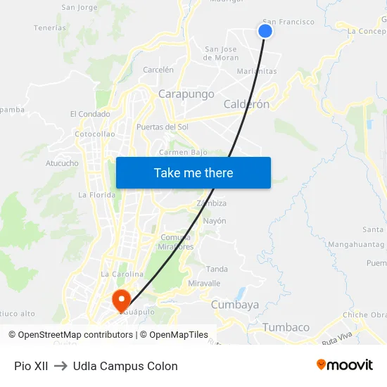 Pio XII to Udla Campus Colon map
