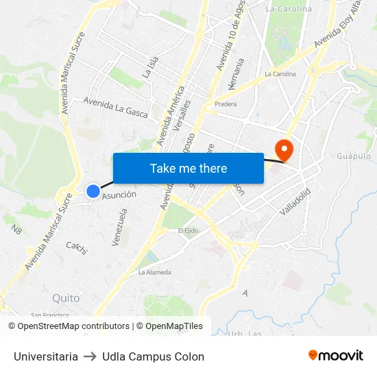Universitaria to Udla Campus Colon map