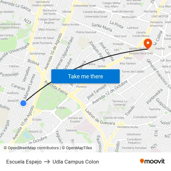 Escuela Espejo to Udla Campus Colon map